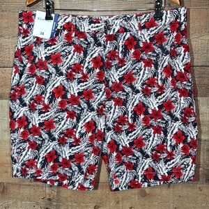 Caribbean Men’s Tropical Print Blue Red Flat Front Chino Shorts size 38 - NWT